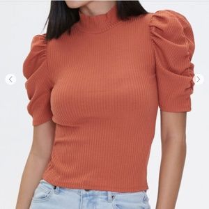 Ribbed Turtleneck Puff-Sleeve Top